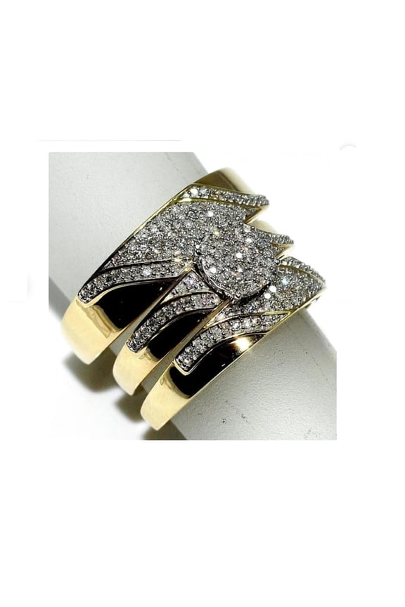 14k Yellow Gold Plated Trio Ring Set, 925 Sterling Silver Round Cut Simulated Diamond Gift For Her Wedding Ring Set