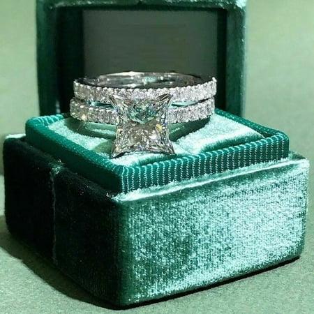 Silver & Stone Jewels 2.50 Ct Princess Cut Cubic Zirconia Wedding Bridal Ring Set 14K White Gold Plated