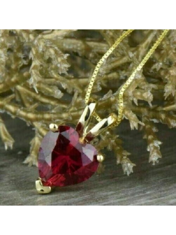2Ct Lab Created Red Ruby Heart Shape Pendant Necklaces 14K Yellow Gold Plated