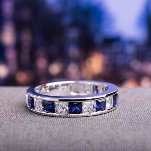 Silver & Stone Jewels 2Ct Princess Blue CZ Eternity Wedding Band 14K White Gold Plated