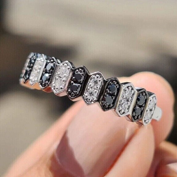 Silver & Stone Jewels 2Ct Round Cut Black & White CZ Wedding Band Ring 14K White Gold Finish