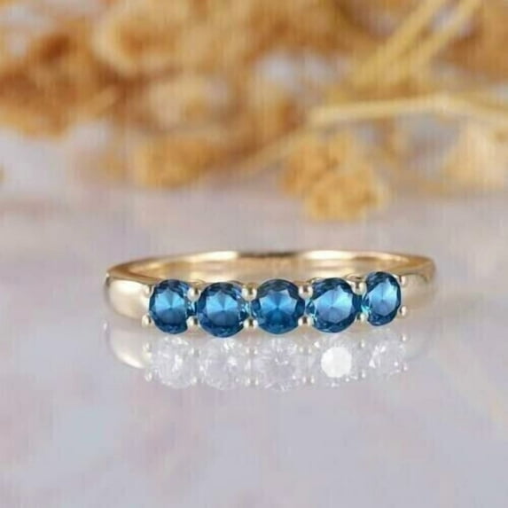 Silver & Stone Jewels 2Ct Round Cut Blue CZ Wedding Band Ring In 14k Yellow Gold Finish