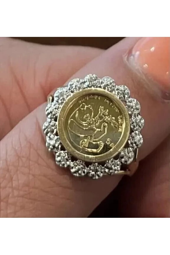 2Ct Round Cut Cubic Zirconia Women Panda Bear Coin Ring 14K Yellow Gold Plated