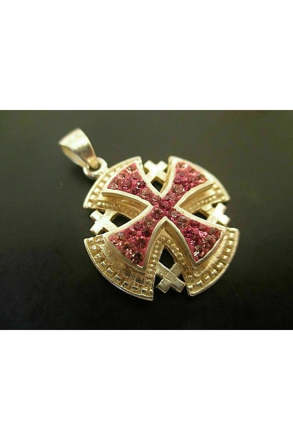 2Ct Round Cut Pink CZ Jerusalem Cross Pendant & Chain 14K Yellow Gold Over
