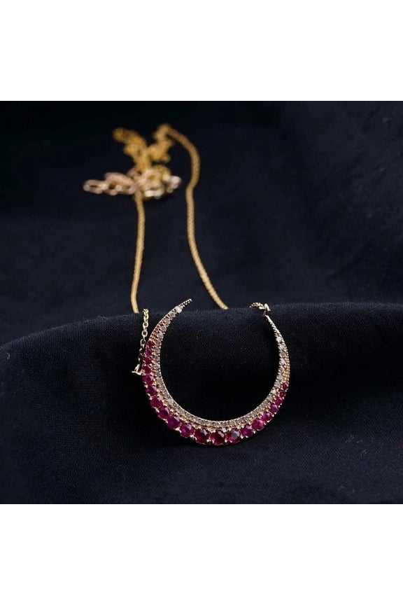 2Ct Round Cut Red Ruby Crescent Moon Pendant In 14K Yellow Gold Plated