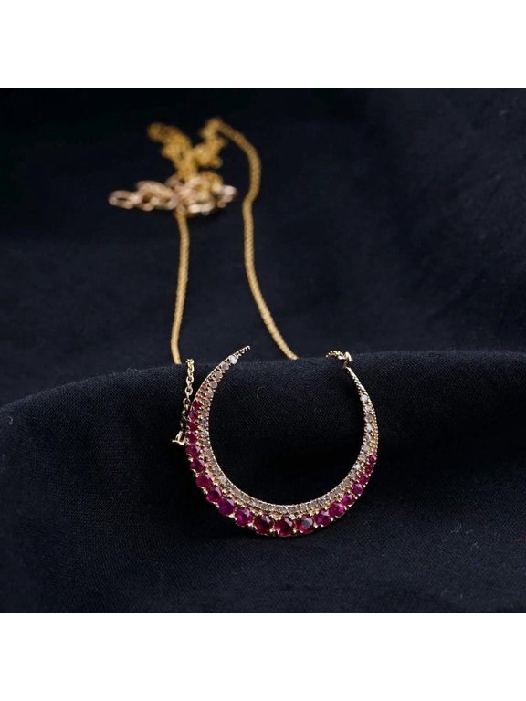 2Ct Round Cut Red Ruby Crescent Moon Pendant In 14K Yellow Gold Plated
