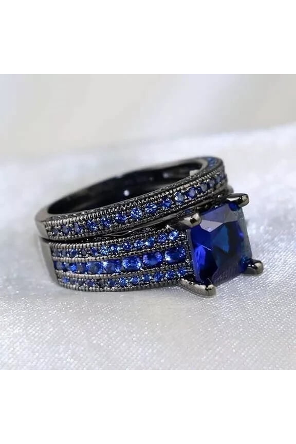 3Ct Princess Blue CZ Wedding Bridal Ring Set 14k Black Gold Finish