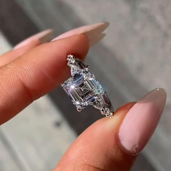 Silver & Stone Jewels Asscher Cut CZ Engagement Ring Side Stone Pear and Round Cut Solitaire Ring Asscher Promise Ring Anniversary Gift 4 Her