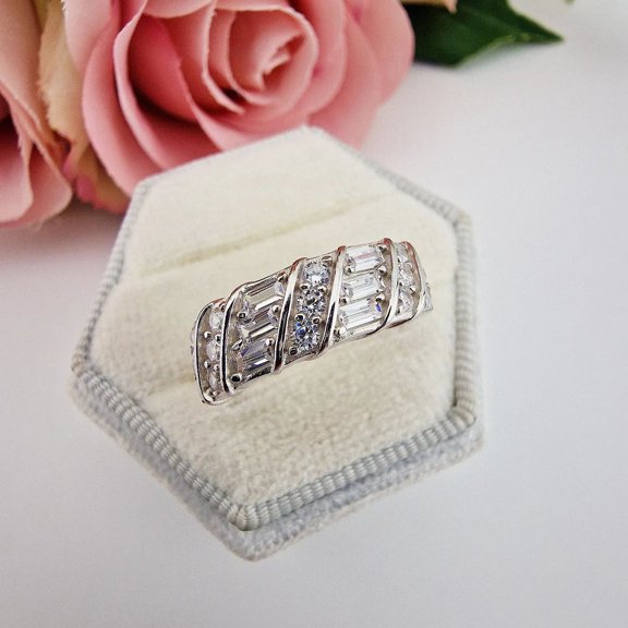 Silver & Stone Jewels Baguette CZ Band Ring for Women – Sterling Silver Elegant Statement Anniversary Ring