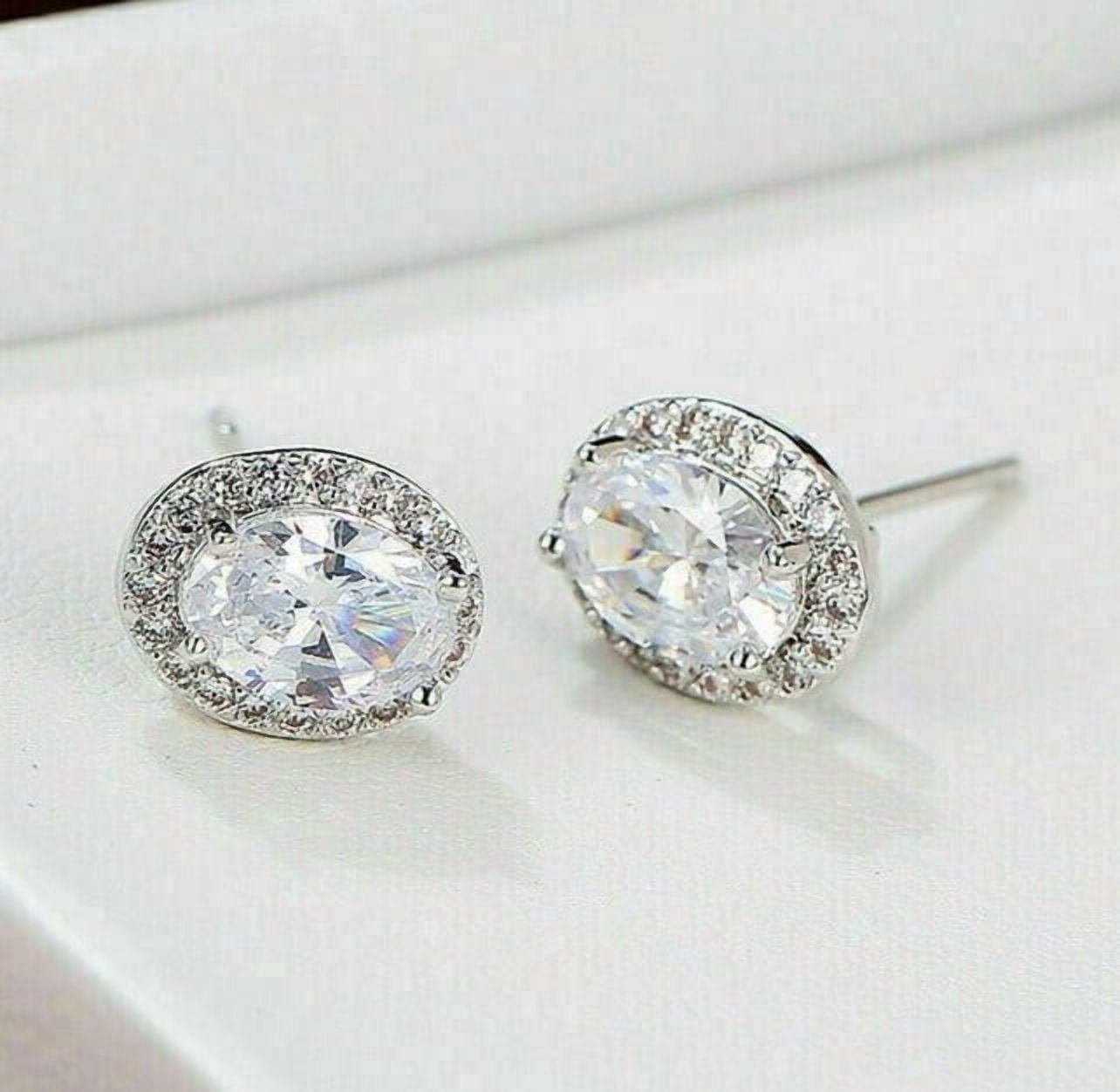 Silver & Stone Jewels Beautiful New Silver 14k White Gold Plated Clear Oval CZ w/ Halo Stud Earrings