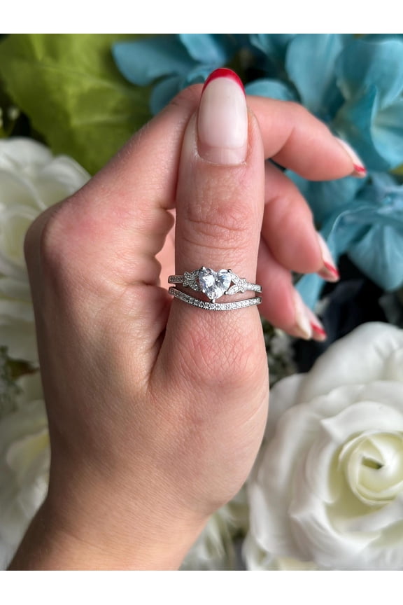 Butterfly Two Piece Weddign Bridal Ring Set Round Cut CZ 14K White Gold Finish