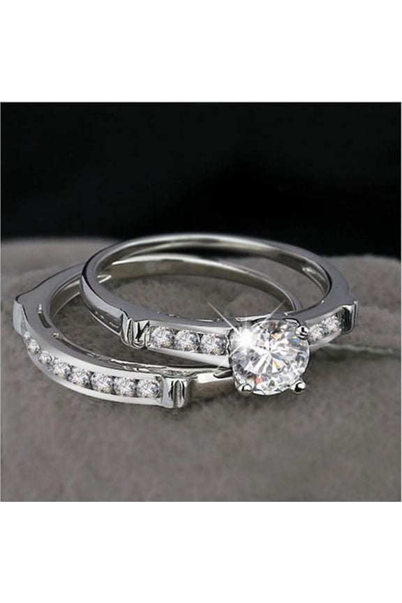 Classic Round Cut CZ 14K White Gold Finish Stackable Wedding Ring Set