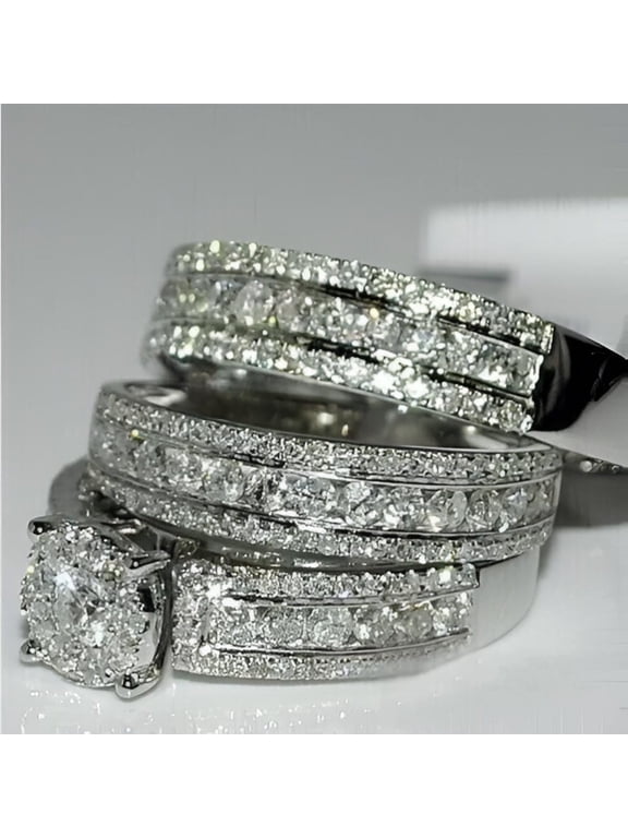 Cluster Round Diamond His & Her Engagement Wedding Trio Bridal Ring Set, 14k White Gold Plated Ring, 925 Silver