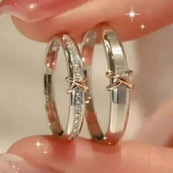 Silver & Stone Jewels Couple Band Ring Set 14K White Gold Finish Silver Round Cut CZ Matching Wedding Band Set