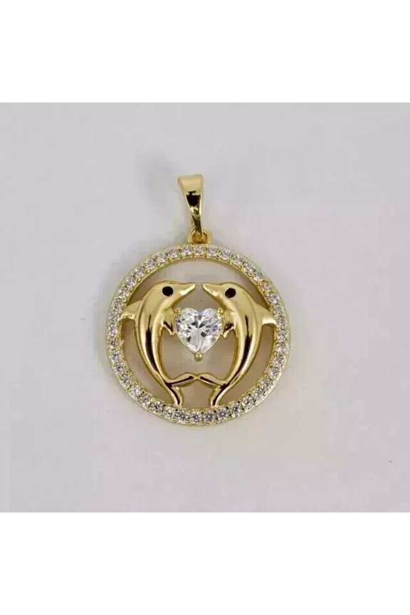Couple Dolphin Women Pendant 14K Yellow Gold Plated Cubic Zirconia Round Cut