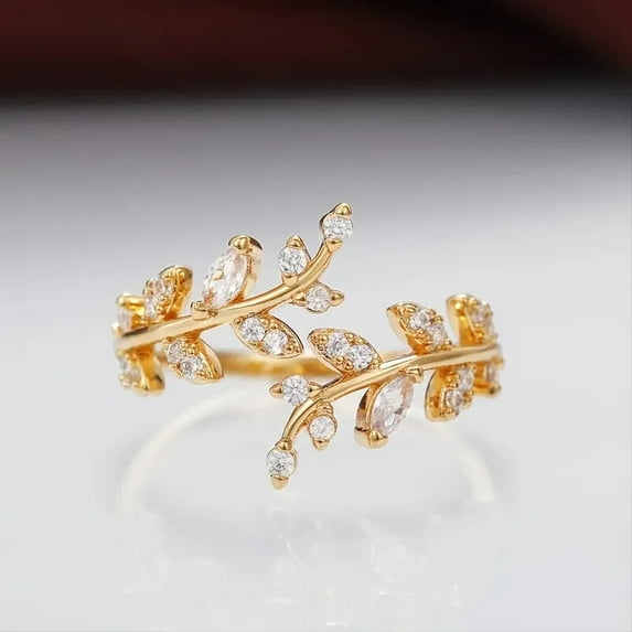 Silver & Stone Jewels Cubic Zirconia Engagement Women Leaf Bypass Ring Set 14K Yellow Gold Over Silver
