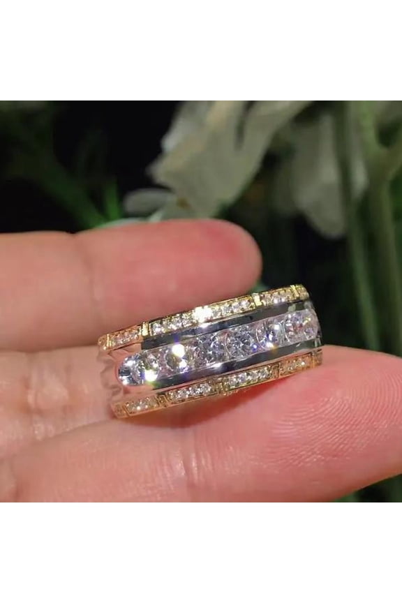 Cubic Zirconia Round Cut Men Cluster Wedding Band Ring 14k Yellow Gold Plated Silver