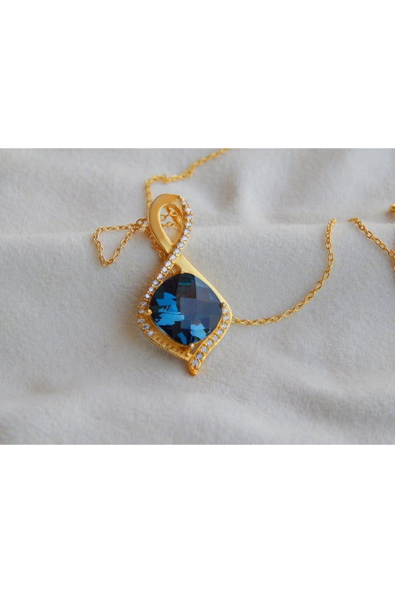 Cushion Lab Created Blue Topaz 14K Yellow Gold Finish Silver Women's Pendant Necklace