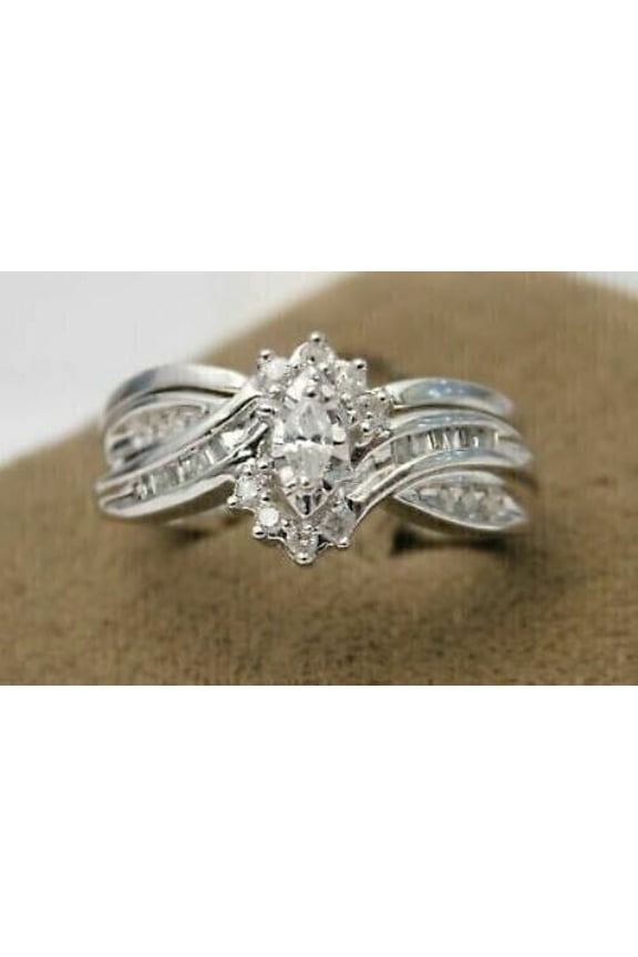 Engagement Bridal Ring Set 2Ct Marquise Cubic Zirconia 14K White Gold Finish