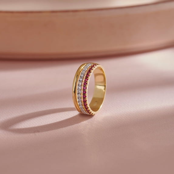 Silver & Stone Jewels Gold-Plated Band Ring with Ruby Red and White CZ – Stylish Statement Ring for Women