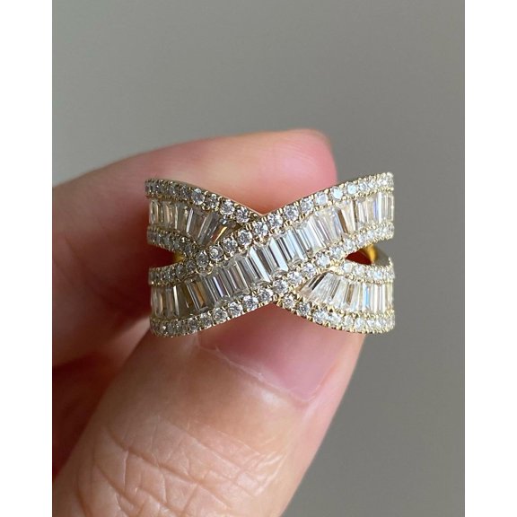 Silver & Stone Jewels Gold Plated Crossover Ring with Baguette & Round CZ Stones – Elegant Wide Band Statement Ring for Women
