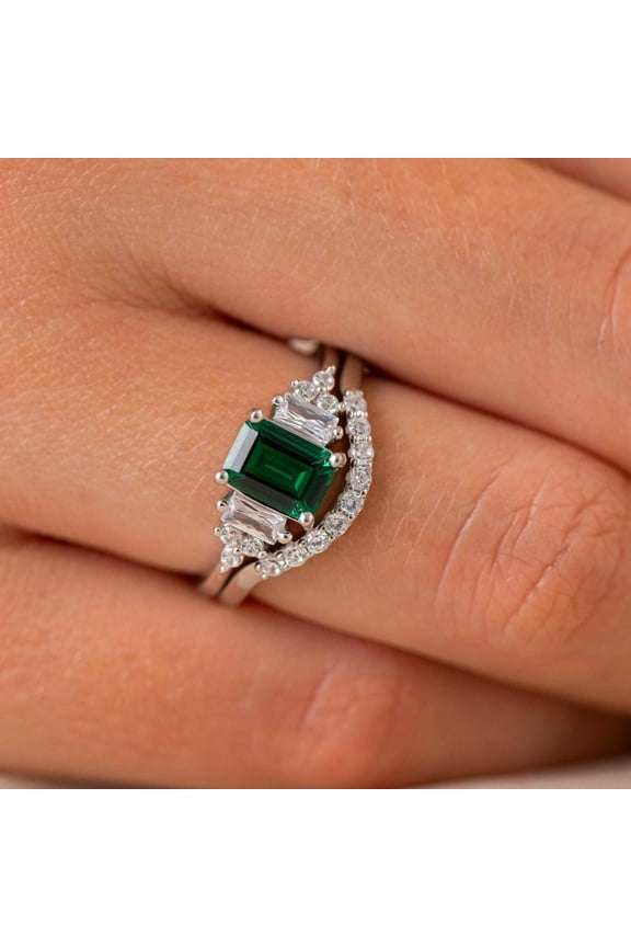 Green CZ Engagement Ring Set White Gold-Plated Bridal Jewelry with Baguette and Curved Accent Band