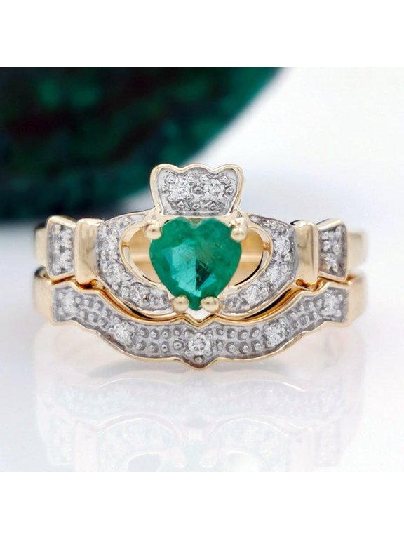 Heart Cut Green CZ Claddagh Engagement Ring Set 14K Yellow Gold Finish Women's Ring
