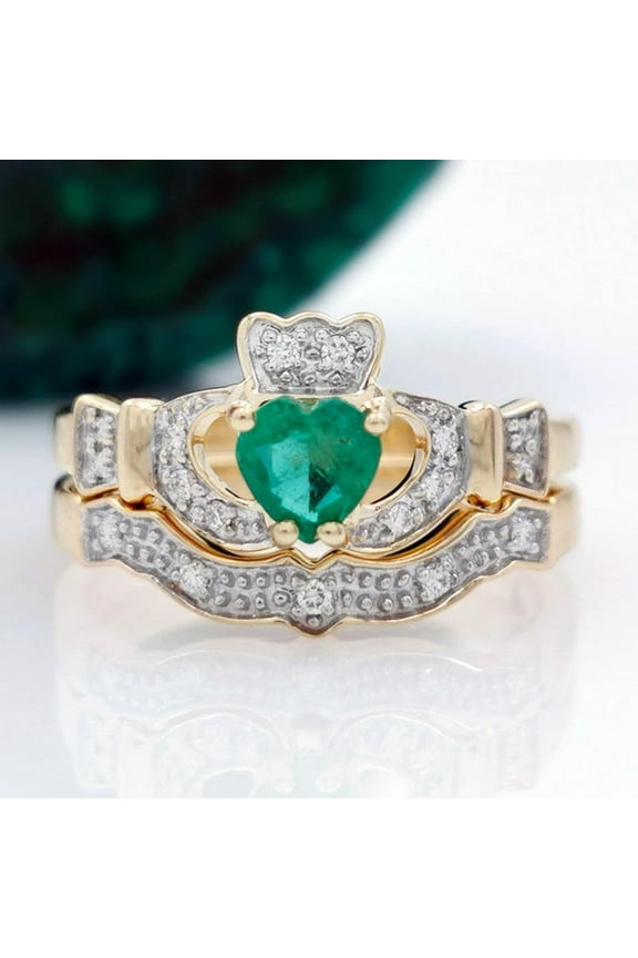 Heart Cut Green CZ Claddagh Engagement Ring Set 14K Yellow Gold Finish Women's Ring