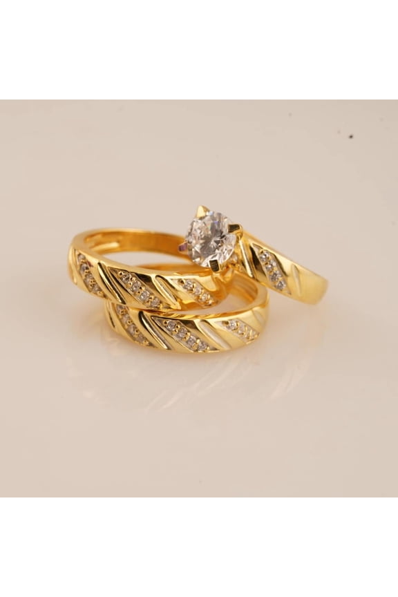 Him & Her Couple Ring, 14k Gold Plated, Sterling Silver Trio Ring Set Engagement Band