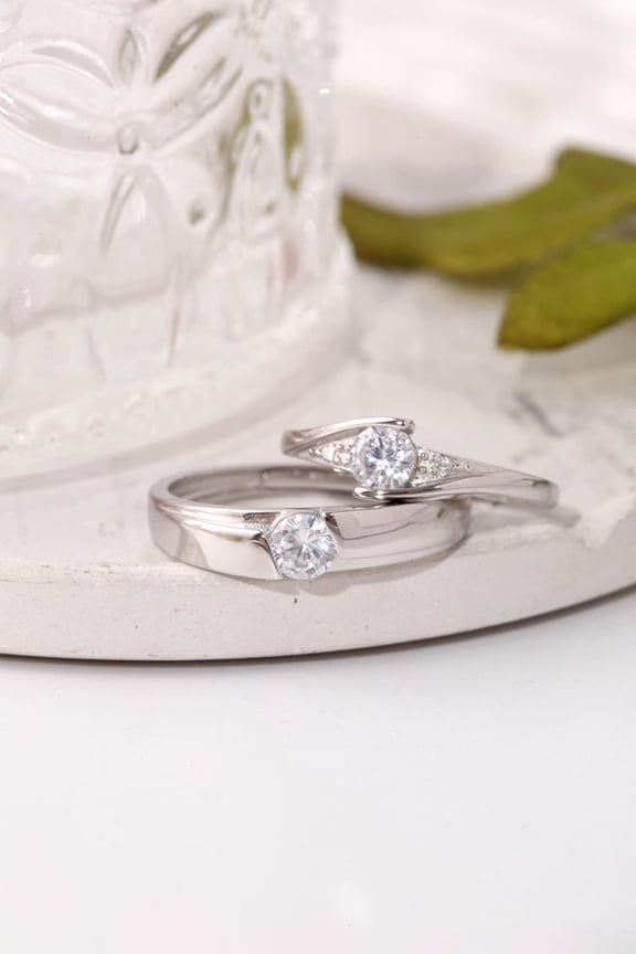 His and Hers Matching Sterling Silver Couple Rings with Cubic Zirconia – Engagement or Promise Ring Set