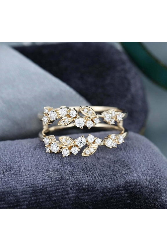 Leaf Vine Ring Set 14K Yellow Gold Plated Cubic Zirconia Stackable Rings for Women, Nature-Inspired Design