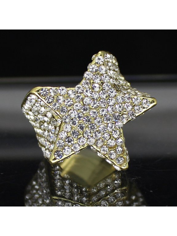 Men Star Pinky Ring CZ Band 14k Yellow Gold Plated Hip Hop