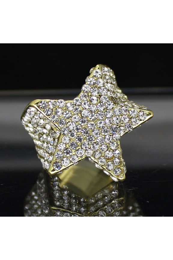 Men Star Pinky Ring CZ Band 14k Yellow Gold Plated Hip Hop