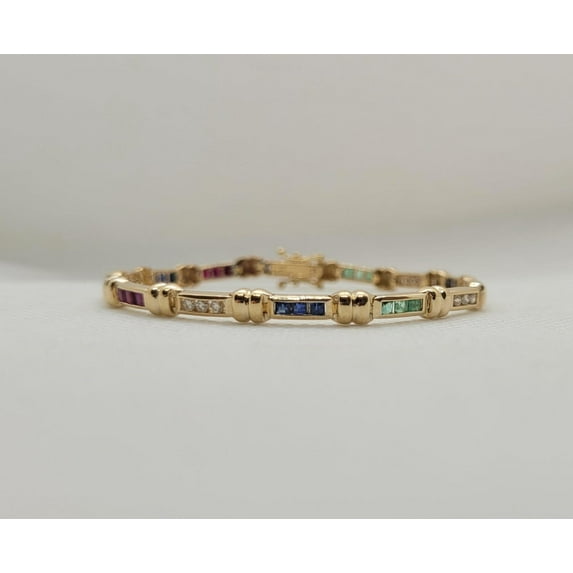 Silver & Stone Jewels Multi-Gemstone Cubic Zirconia Women 14k Yellow Gold Plated Princess Cut Tennis Bracelet