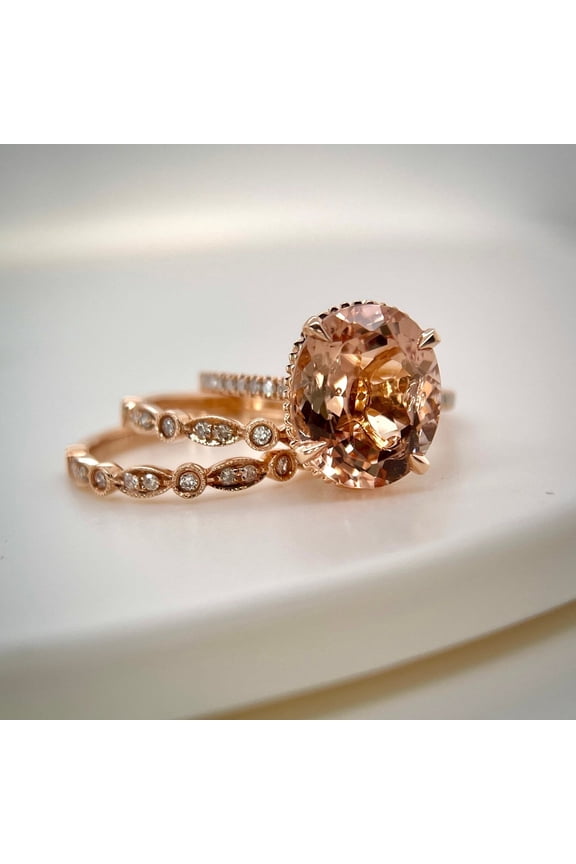 Oval Cut Peach Cubic Zirconia 14K Rose Gold Finish Engagement Women's Bridal Ring Set