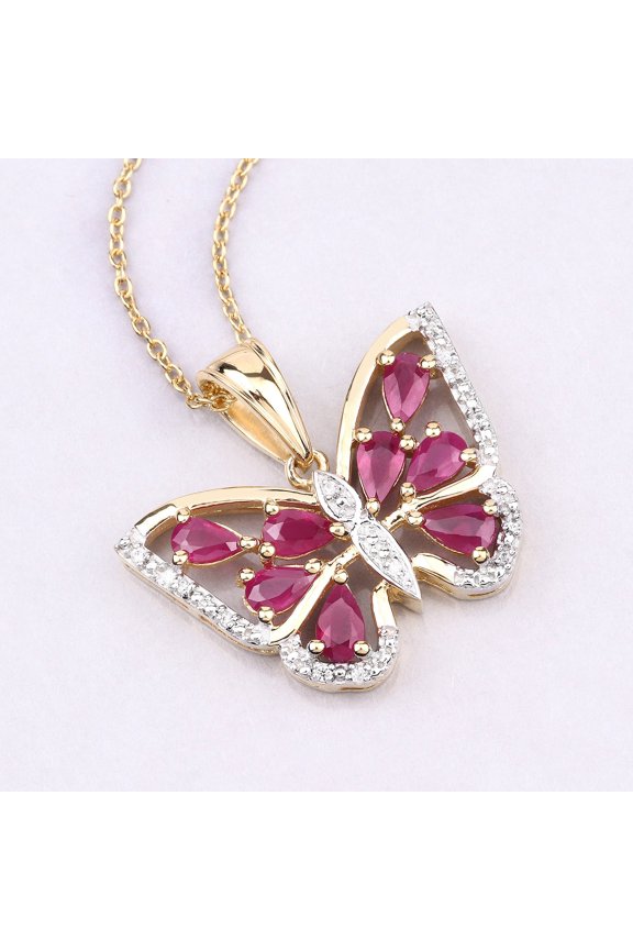 Pear Cut Lab Created Ruby 14K Yellow Gold Finish Silver Butterfly Pedant