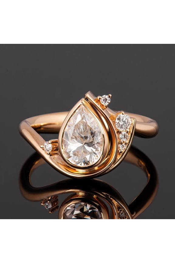 Pear Cut White Diamond Wave Design Engagement Ring 14K Yellow Gold Finish 925 Silver Statement Ring for Women