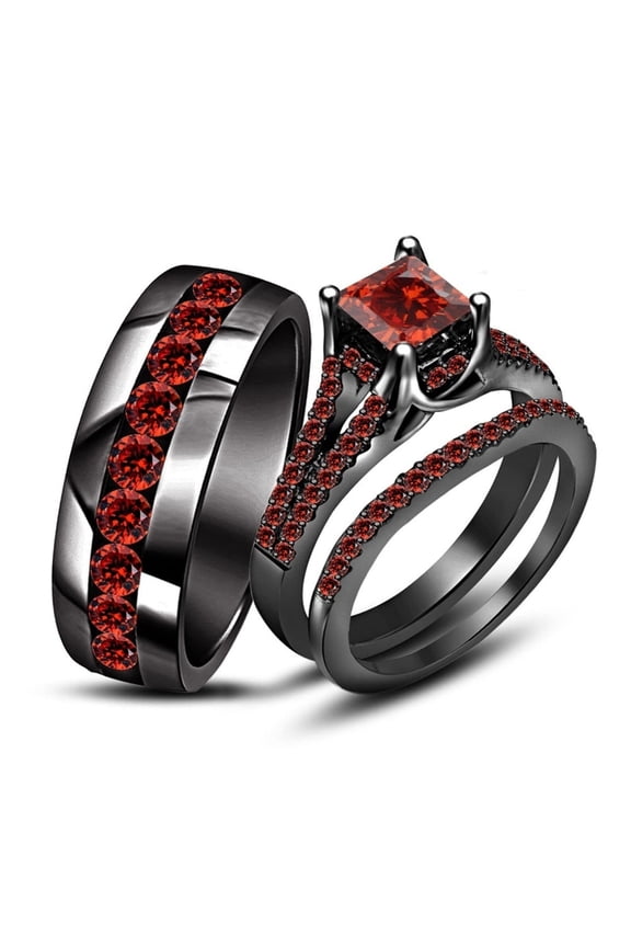 Princess Cut Lab Created Garnet 14K Black Gold Finish Silver His & Her Wedding Ring Set