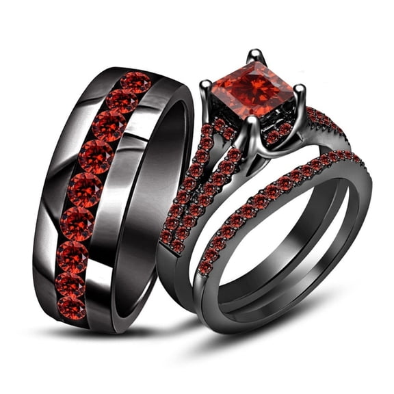 Silver & Stone Jewels Princess Cut Lab Created Garnet 14K Black Gold Finish Silver His & Her Wedding Ring Set