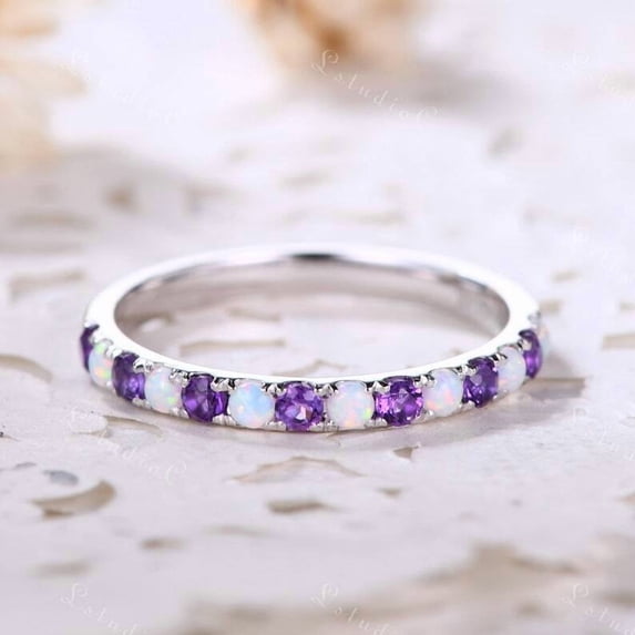 Silver & Stone Jewels Purple & White CZ Wedding Ring Half Eternity Band 925 Sterling Silver Band