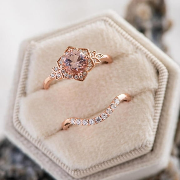 Silver & Stone Jewels Rose Gold Finish Floral Halo CZ Ring Set Vintage-Style Engagement & Curved Wedding Band for Women