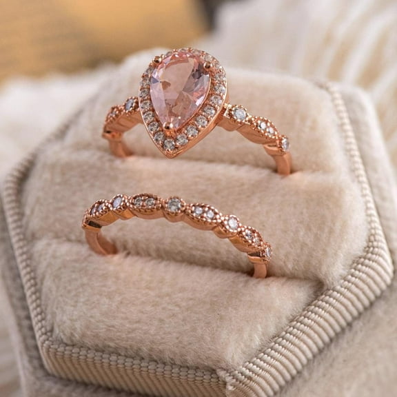 Silver & Stone Jewels Rose Gold Finish Pear-Cut CZ Bridal Ring Set Vintage-Inspired Engagement & Wedding Bands with Halo and Milgrain Detailing