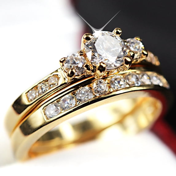Silver & Stone Jewels Round Cut Cubic Zirconia Eternity Band Rings, Bridal Rings Set 14K Yellow Gold Finish Silver