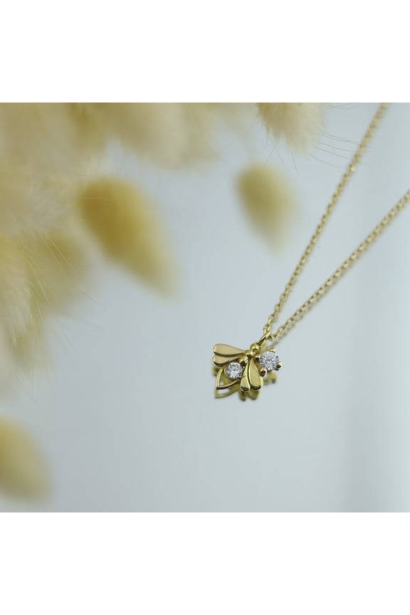Round Cut Cubic Zirconia Firefly Pendant Necklace 14K Yellow Gold Finish