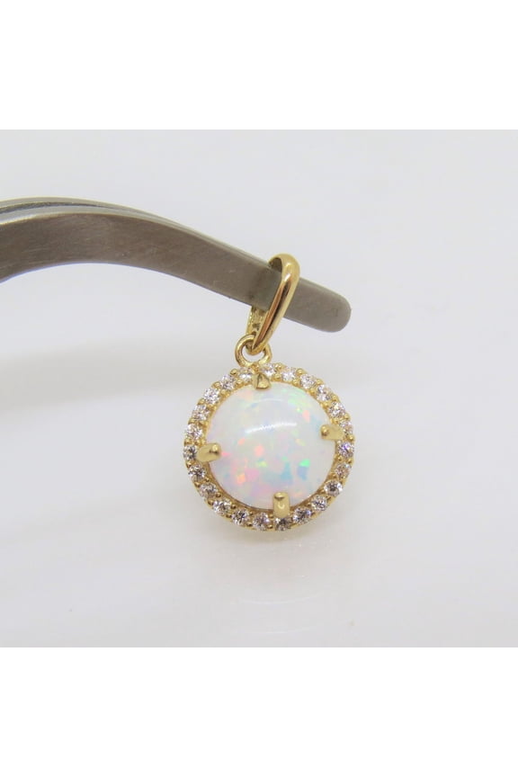 Round Cut Lab Created Fire Opal 14K Yellow Gold Finish Silver Halo Pendant Necklace