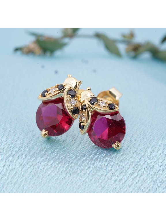 Round Cut Lab Created Ruby 14K Yellow Gold Finish Silver Women's Stud Earrings