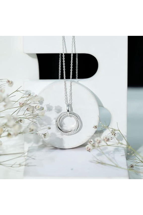 Round Interlocking Circle CZ Pendant Necklace in Sterling Silver