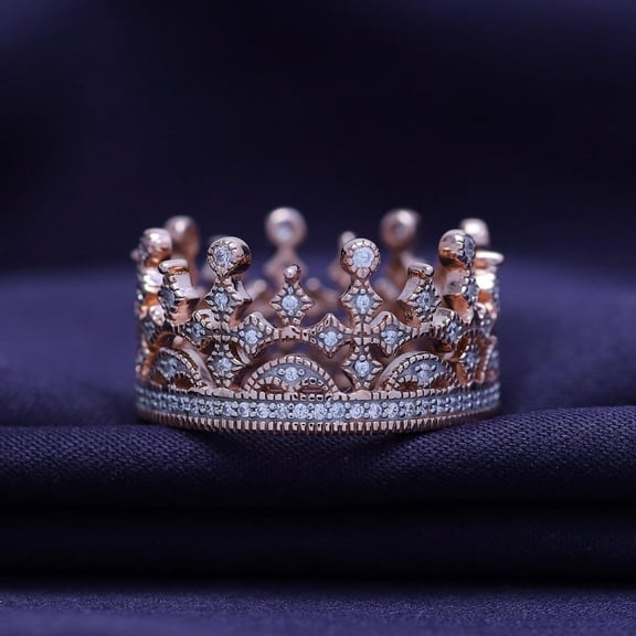 Silver & Stone Jewels Royal Style Round Cut Cubic Zirconia 14K Rose Gold Finish Silver Crown Ring