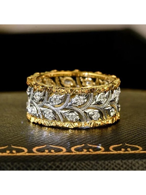 Sparkling CZ Hollow-out Leaf Ring 14k Yellow Gold Plated Ring for Women