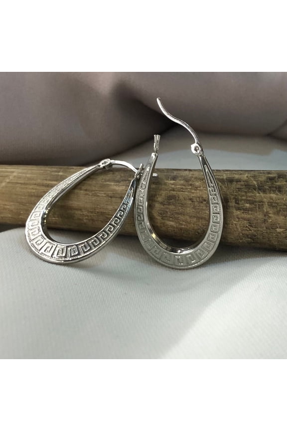 Sterling Silver Teardrop Hoop Earrings for Women Greek Key Pattern, Elegant Dangle Hoops